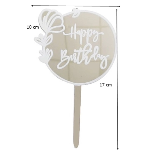 Topper ozdoby na tort napis Happy Birthday okrągły srebrny dekoracje urodzinowe